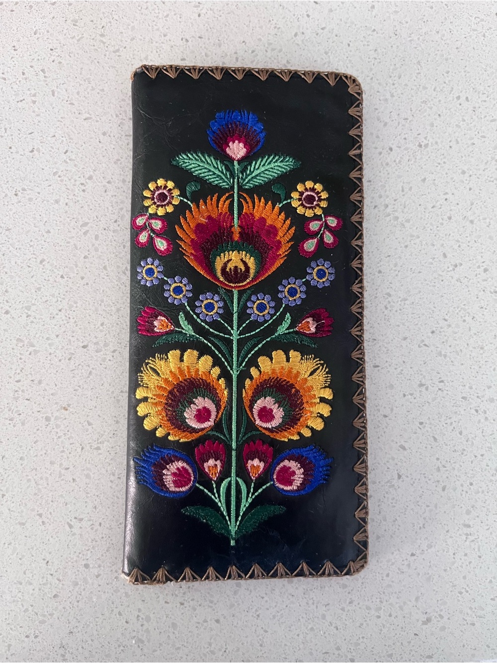 Lavishy Black Floral Embroidered Leather Wallet
